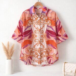 Her Bottari colorful abstract lightweight half sleeve button down tunic